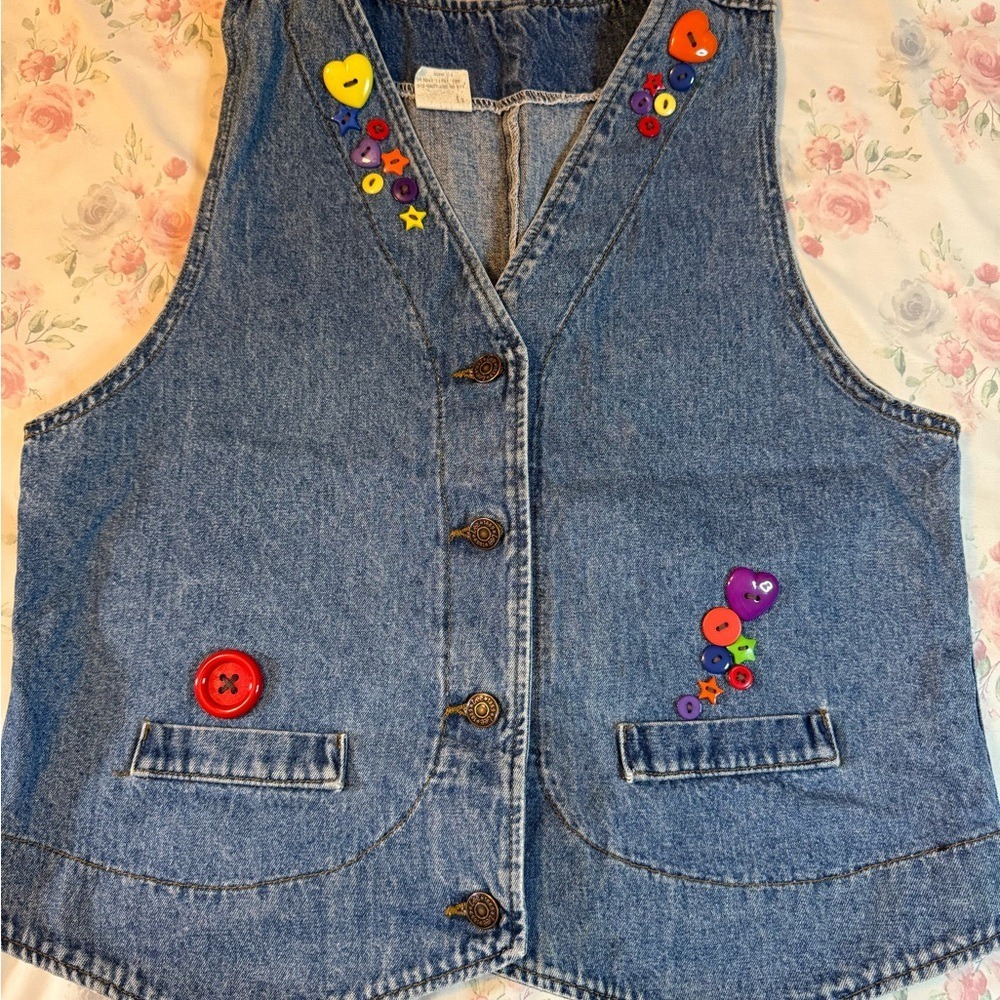 Vintage Lee Denim Vest Colorful Button Accents USA Made Size‎ L